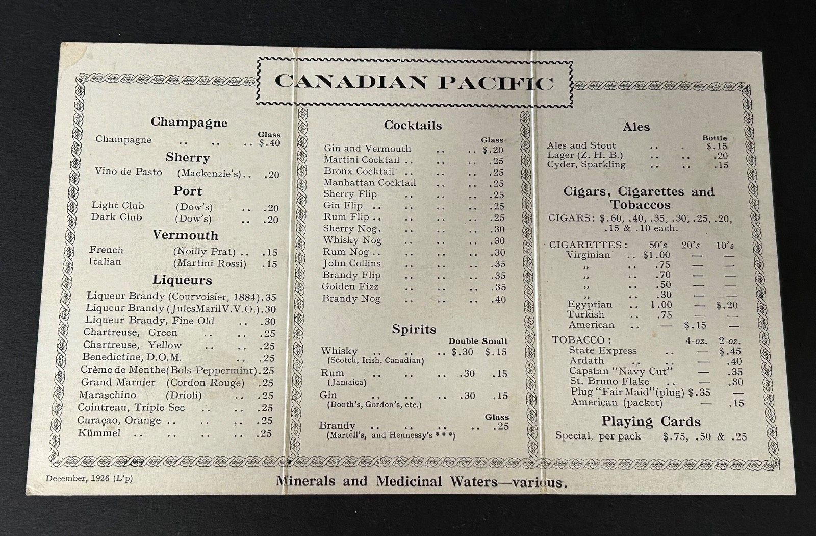 Canadian Pacific Cocktails Wines Beer Cigar Cigarette Bestall Price List 1926