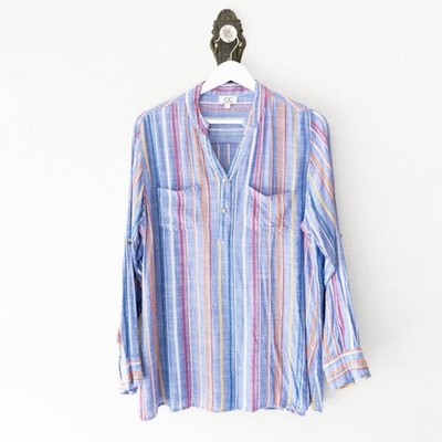 CC Chic Connection Striped Cotton Popover Blouse L Embroidered Lightweight Top
