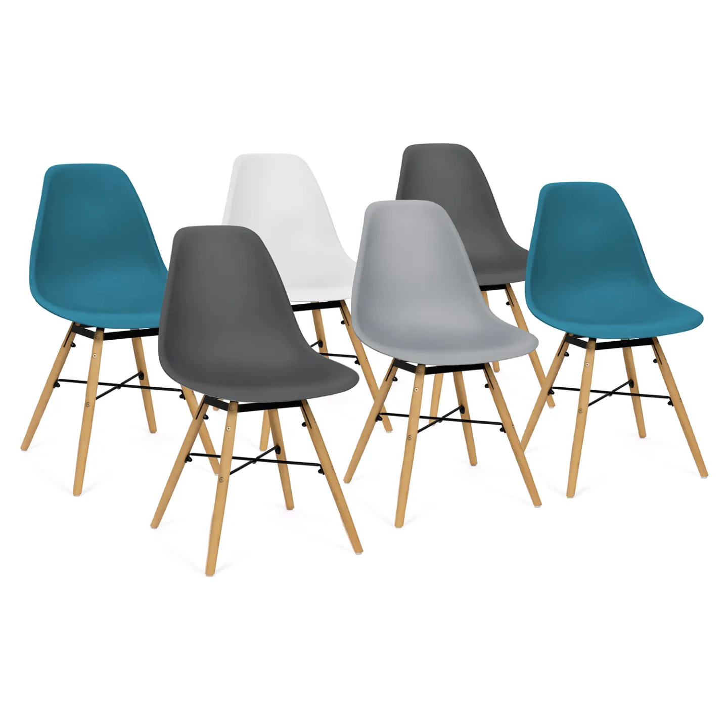 Lot de 6 chaises SANDRA mix color blanc gris bleu canard pour salle à manger