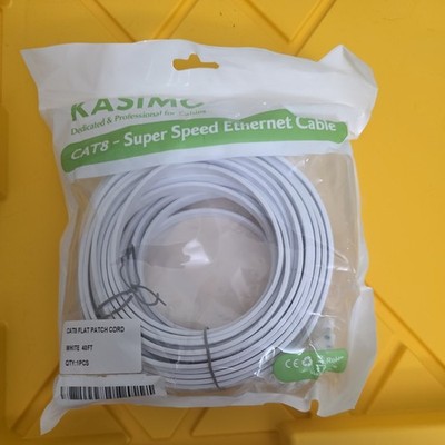 40ft Cat 8 Ethernet Cable, Flat, 40Gbps, 2000MHz, SSTP, LAN, Gold RJ45, white