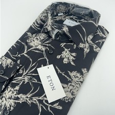 Eton Shirt Mens 15 3/4 40 Black Floral Slim Fit Cotton Dress Long Sleeve
