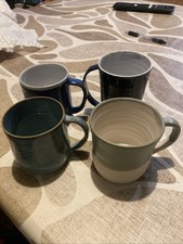 Job Lot of 4 Studio Pottery Mugs Blue & White Glazed Signed GW