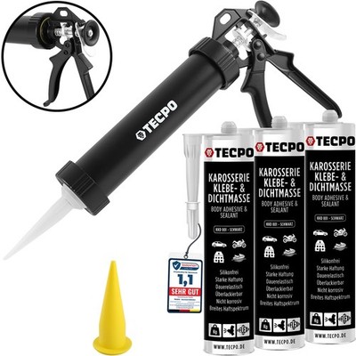 3x TECPO KLEBE & DICHTMASSE 370g KAROSSERIEKLEBER SCHWARZ + ALU-KARTUSCHENPRESSE