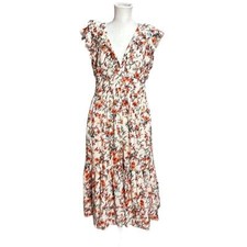 Chelsea28 Short Sleeve Floral Ruffle Mid Calf Midi Dress White Orange Womens L