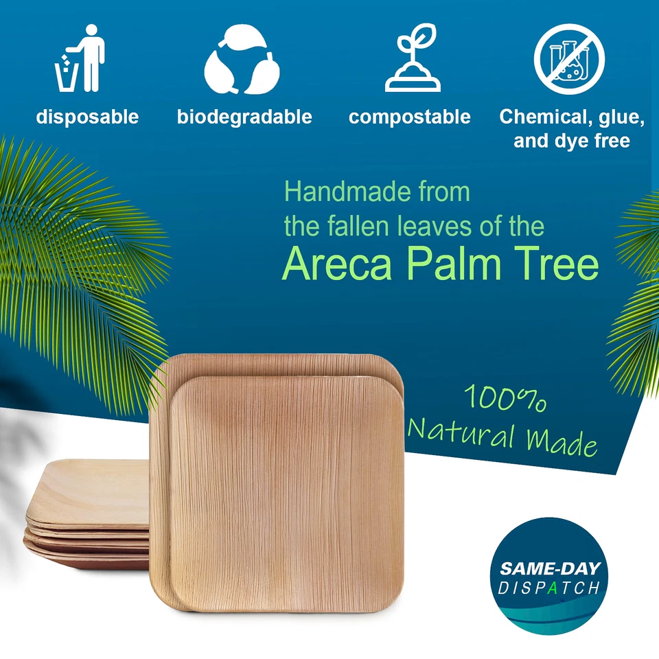 25 x Wooden Palm Leaf Plates Party Disposable Biodegradable Bamboo Square 7" 10" - Image 3 of 4