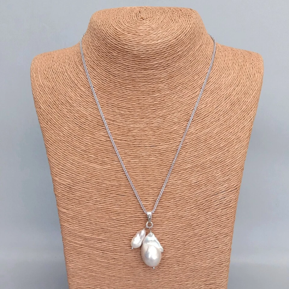 Collar de cadena de plata de ley 925 blanco barroco collar de cadena de perlas delicadas joyas Foto 2 de 4