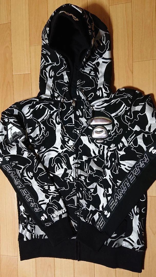 A BATHING APE (BAPE) Felpa con cappuccio BAPE M autentica rara parka mimetico zip nero argento come nuova