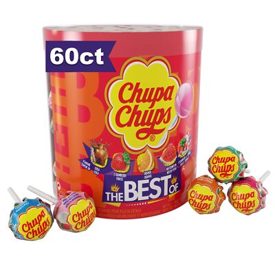 Chupa Chups  Best Of  Lollipop Assortment, 5 Flavors, 25.3 Oz Drum (60 Suckers)