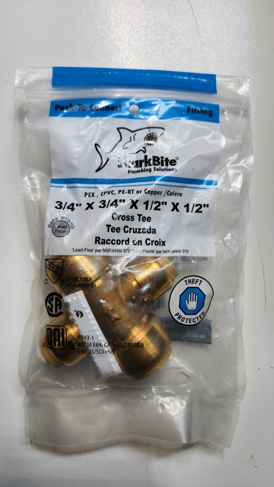 SHARKBITE U380LFA 3/4" X 3/4" X 1/2" X 1/2" PTC BRASS CROSS TEE FITTING