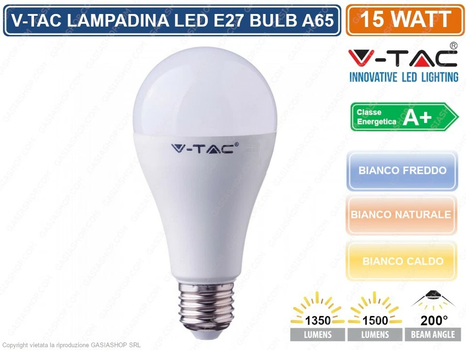 LAMPADINA LED V-TAC VT-2015 LAMPADINA LED E27 15W BULB A65 4453 / 4454 / 4455