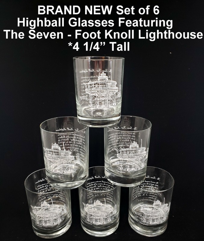 BRAND NEW Set of 6 Highball Glasses featuring THE SEVEN - FOOT KNOLL LIGHTHOUSE 