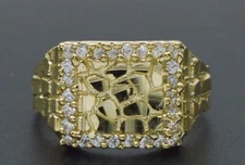 10K Real Yellow Solid Gold Diamond Cut Mens Nugget and Cuban Ring 11.2mm 2.5g