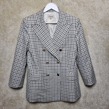 Alice Temperley Blazer Size 12 Double Breasted Cream Black Plaid Wool Blend 