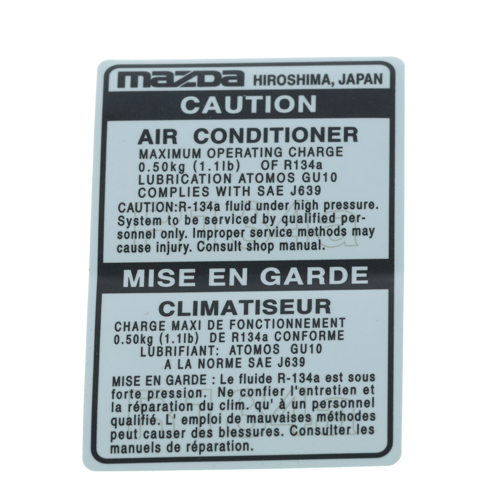 Etiqueta de advertencia del aire acondicionado para Mazda 2004-2010 Mazda3 Mazda5 (N/P BN8P-61-439A)