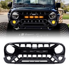 Glossy Black Front Armor Grille Grill Wamber Light For 2007-18 Jeep Wrangler Jk