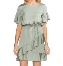 Vince Camuto Green Blouson Drawstring Ruffled Satin Dress L100613 Women's Size S