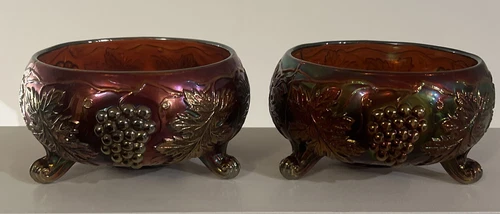 Set of Vintage Fenton Carnival Glass Purple Iridescent Bowl Grape Leaf & Cable