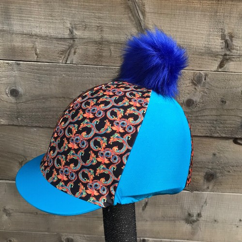 Horse Riding hat silk fur Pom, Wool Or Button Top dragon design Turquoise - Picture 21 of 41