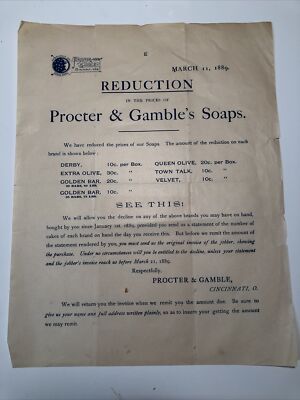 1889 PROCTER & GAMBLE'S Soaps Cincinnati OHIO Reduction PRICE Sheet Letterhead