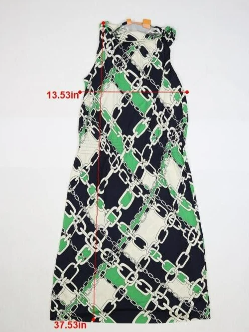Abito donna Tory Burch verde e blu navy stampa maglia catena senza maniche seta XS