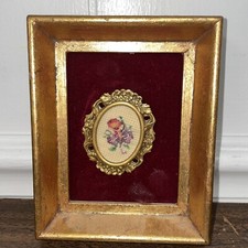 Petit Point Rose Brooch Pin Pendant Hand Embroidered VTG Gold Color Frame Floral