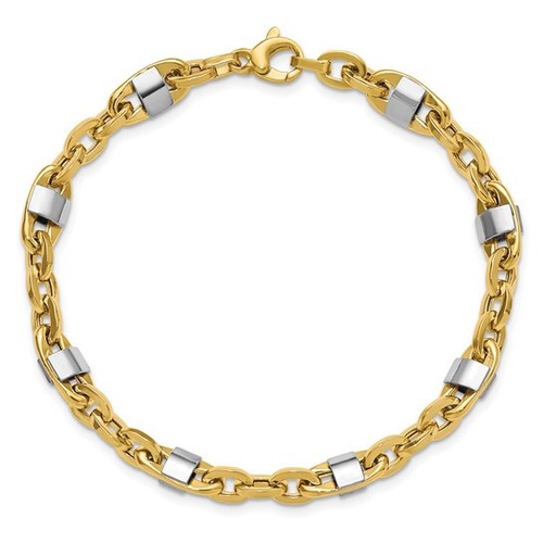 14K Yellow Gold w/ White Rhodium Accent 8in Polished Oval Men's Link Bracelet - Picture 2 of 4