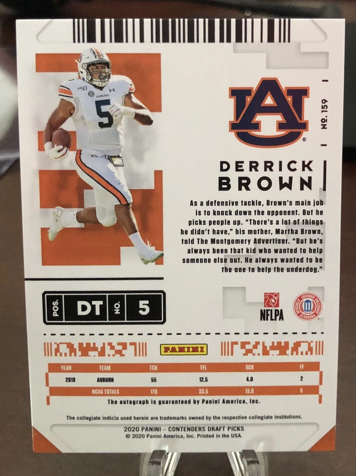 2020 Contenders Draft Picks Derrick Brown Auto Rookie College Ticket SP Panthers - Image 2 of 2