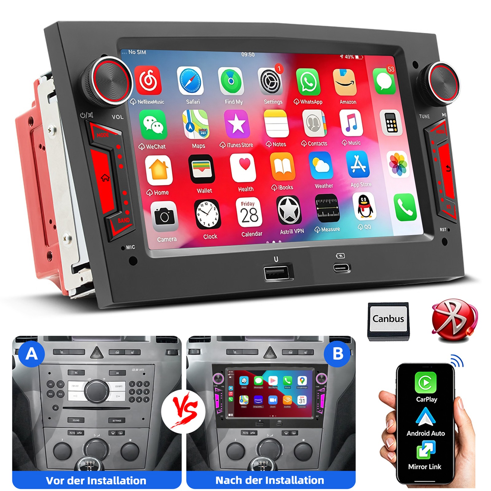 Autoradio per Opel Astra H Corsa C/D Vectra C Zafira Carplay Android Auto BT RDS