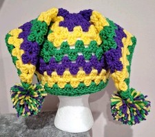 Crochet JESTER HAT Purple Green Yellow Clown Core Circus Mardi Gras Handmade New
