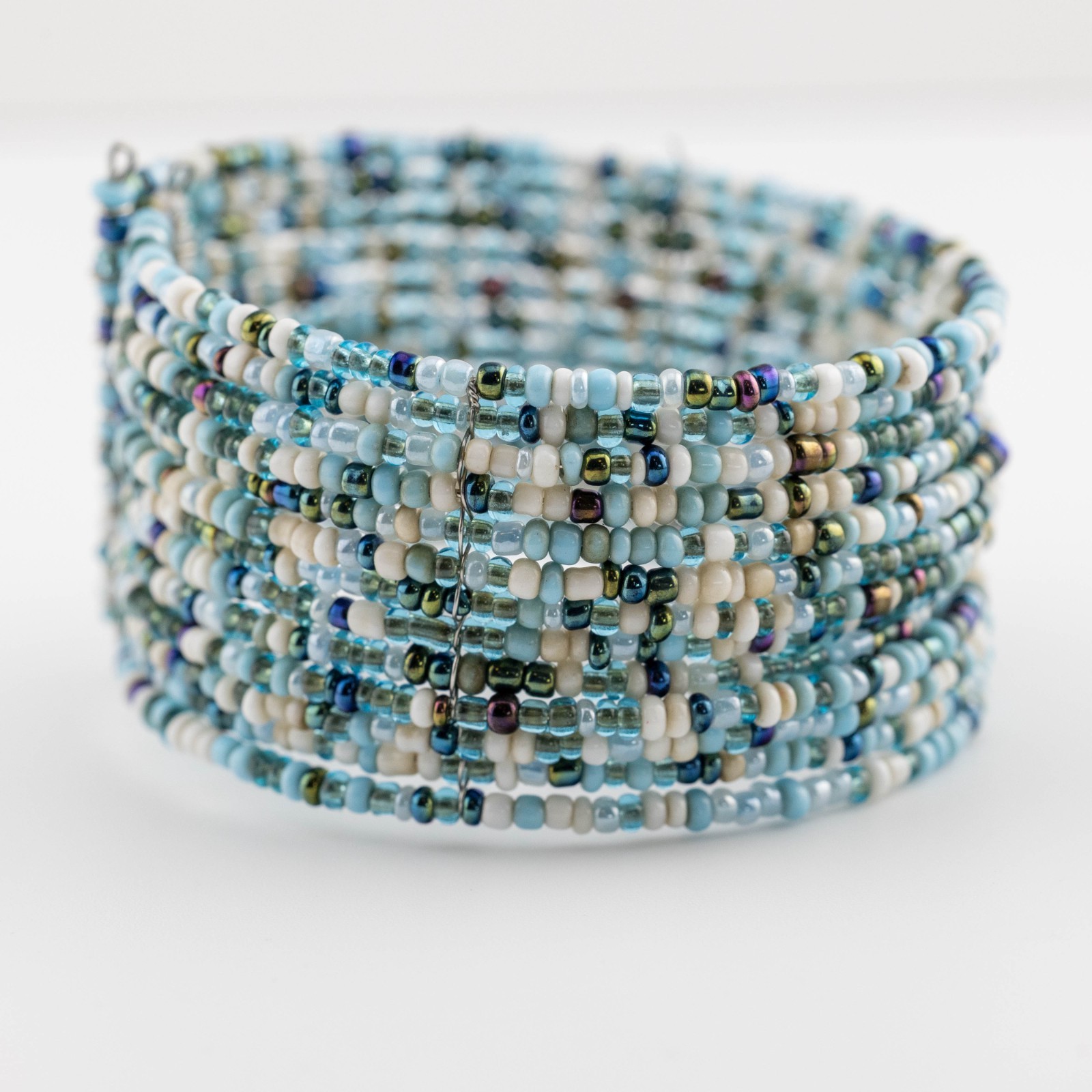 Handmade Bracelet Memory Wire Cuff Turquoise Whit… - image 3