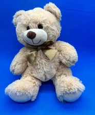 Hugfun Tan Cream Bear 11" Plush Stuffed Animal Gold Bow Soft Toy Gift 2017