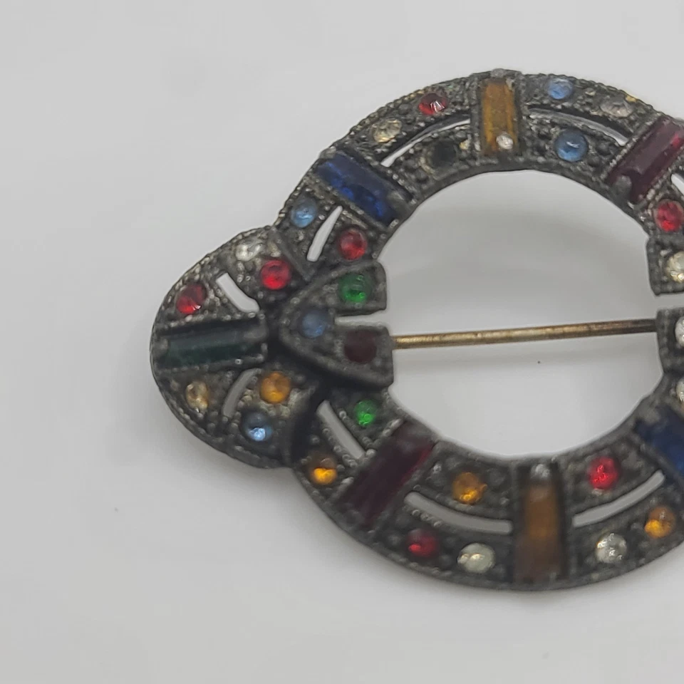 Broche de metal vintage Art Deco pedrería arco iris LEER Foto 4 de 4