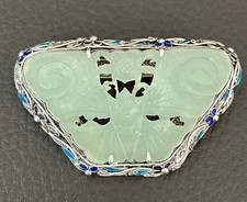 Antique Chinese Butterfly Moth Hand Carved Jade Brooch Pin Sterling Filigree