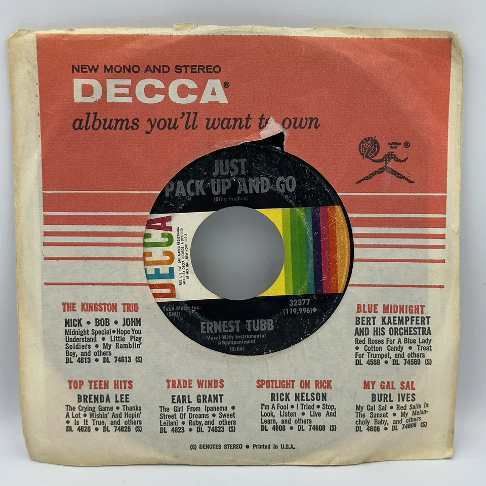 *SIGNED* ERNEST TUBB It Sure Helps A Lot; Just Pack Up And Go 45 RPM VTG COUNTRY - Image 2 of 4