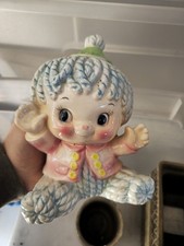 Vintage Relpo Nursery Baby Ceramic Planter, Pink Kitschy, Yarn Doll