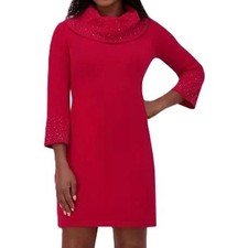 Jessica Howard Sweater Dress Studded 3/4 Sleeve & Cowl Neck Red Size Medium NWT