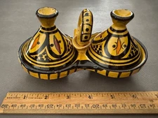YELLOW & BROWN MOROCCAN POTTERY TAGINE SALT & PEPPER DOUBLE SPICE HOLDER VINTAGE