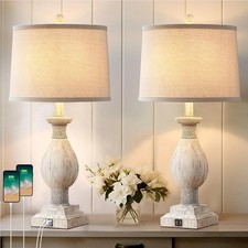 Set Of 2 Rustic Farmhouse Table Lamps for Living Room with USB Charging Ports