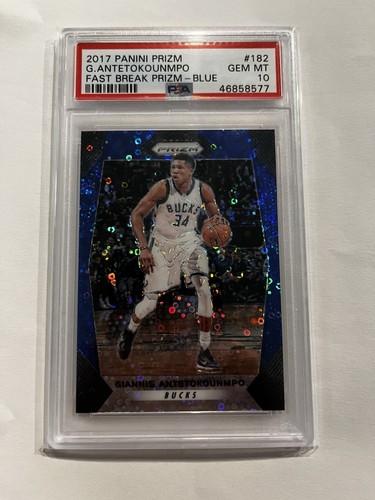 2017-18 Panini Prizm Giannis Antetokounmpo #182 Blue Fast Break /175 PSA 10
