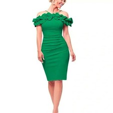 Xscape Green Ruffle Off the Shoulder Scuba Crepe Sheath Dress Size 14 $218