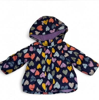 Carter s Baby Girl Puffer Jacket 12M Blue With Hearts Hooded Coat Valentine