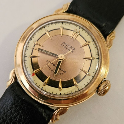 Vintage Herrenuhr ANKER 21 Rubis Duro-Swing NOS 1950s Fancy Lugs 33mm Manual