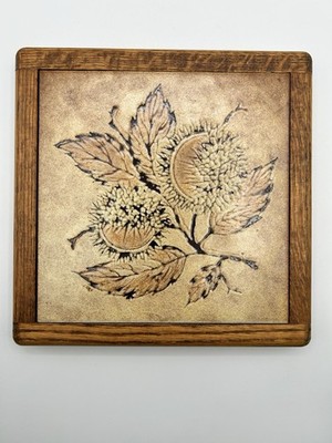 Vintage Ceramic Tile Trivet W/ Wood Frame Botanical Chestnut Pods 9.5'' x 9.5''
