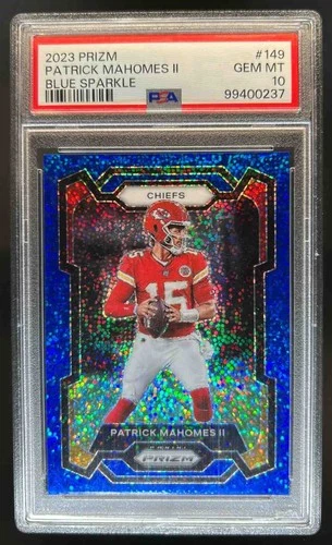 2023 Prizm Patrick Mahomes II Blue Sparkle #55/96 Chiefs PSA 10