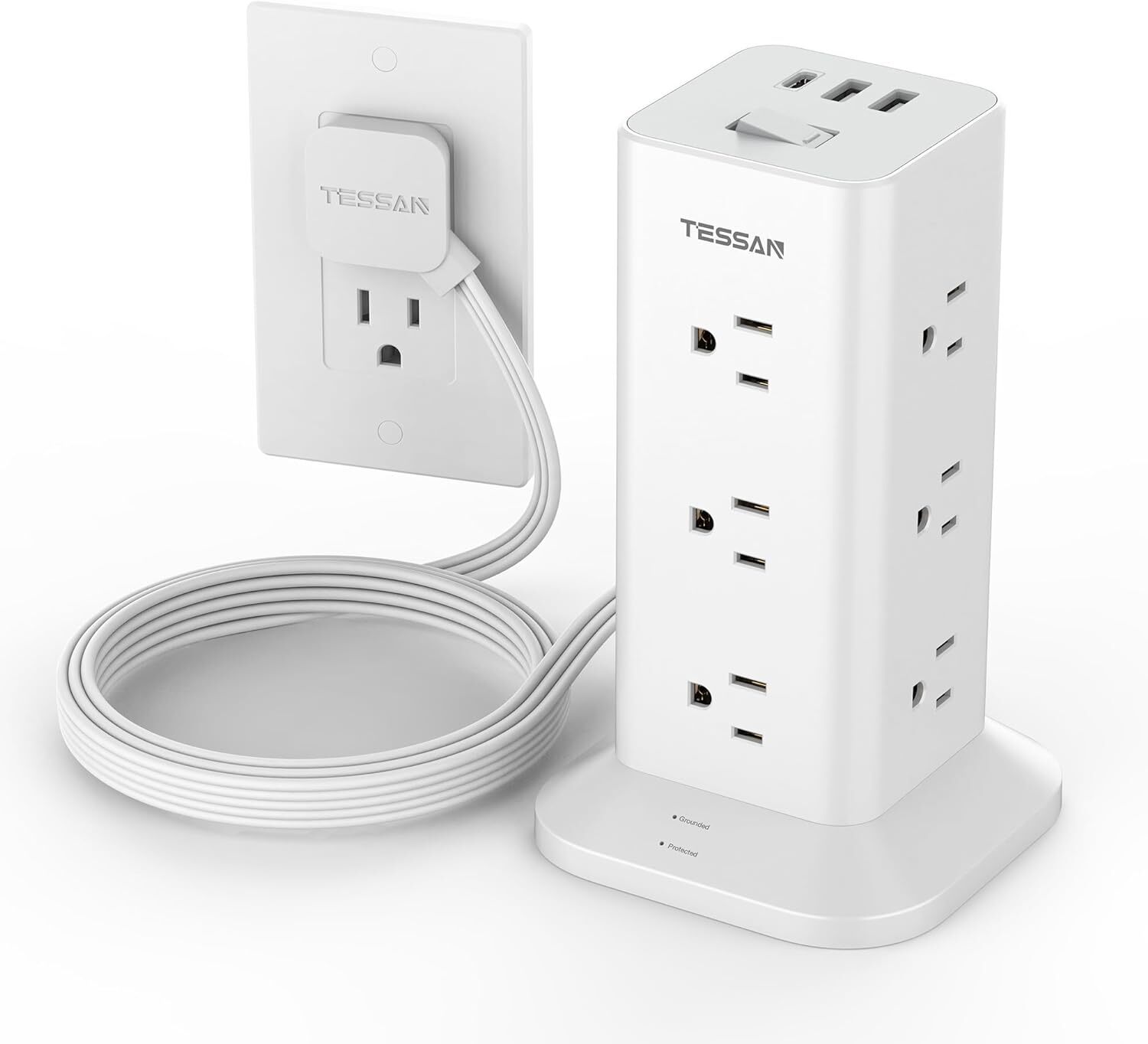 Power Strip Tower with Surge Protection, TESSAN Flat Plug Extension Cord 6 FT