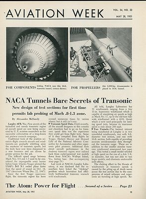 1951 Aviation Article NACA Wind Tunnel Tests Transonic Langley AFB Mach Speed