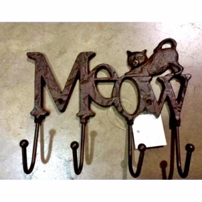4-HOOKS RACK: Cast Iron -  - ''MEOW'' Kitty Cat Motif for all your kitty's stuff.