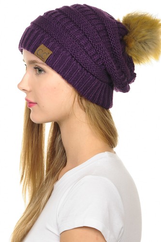 C.C Hat-43 Thick Warm Cap Hat Skully Faux Fur Pom Pom Cable Knit Beanie - Picture 45 of 166