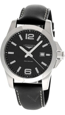 Longines Conquest 43mm Quartz SS Black Leather Band Men's Watch L3.760.4.56.3