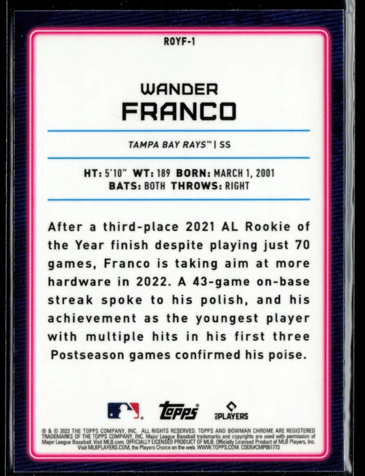 2022 Bowman Rookie of the Year Favorites #ROYF-1 Wander Franco RC - Image 2 of 2